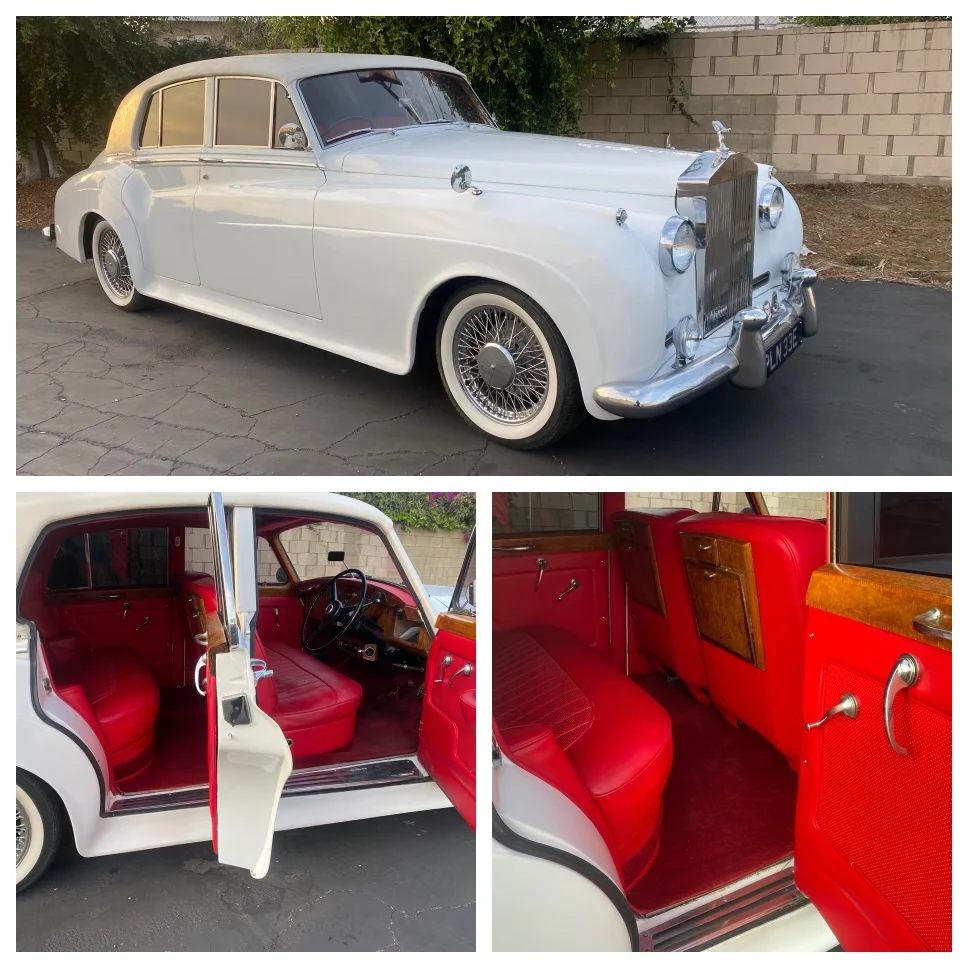 White classic luxury car with red interior shown in a photo collage